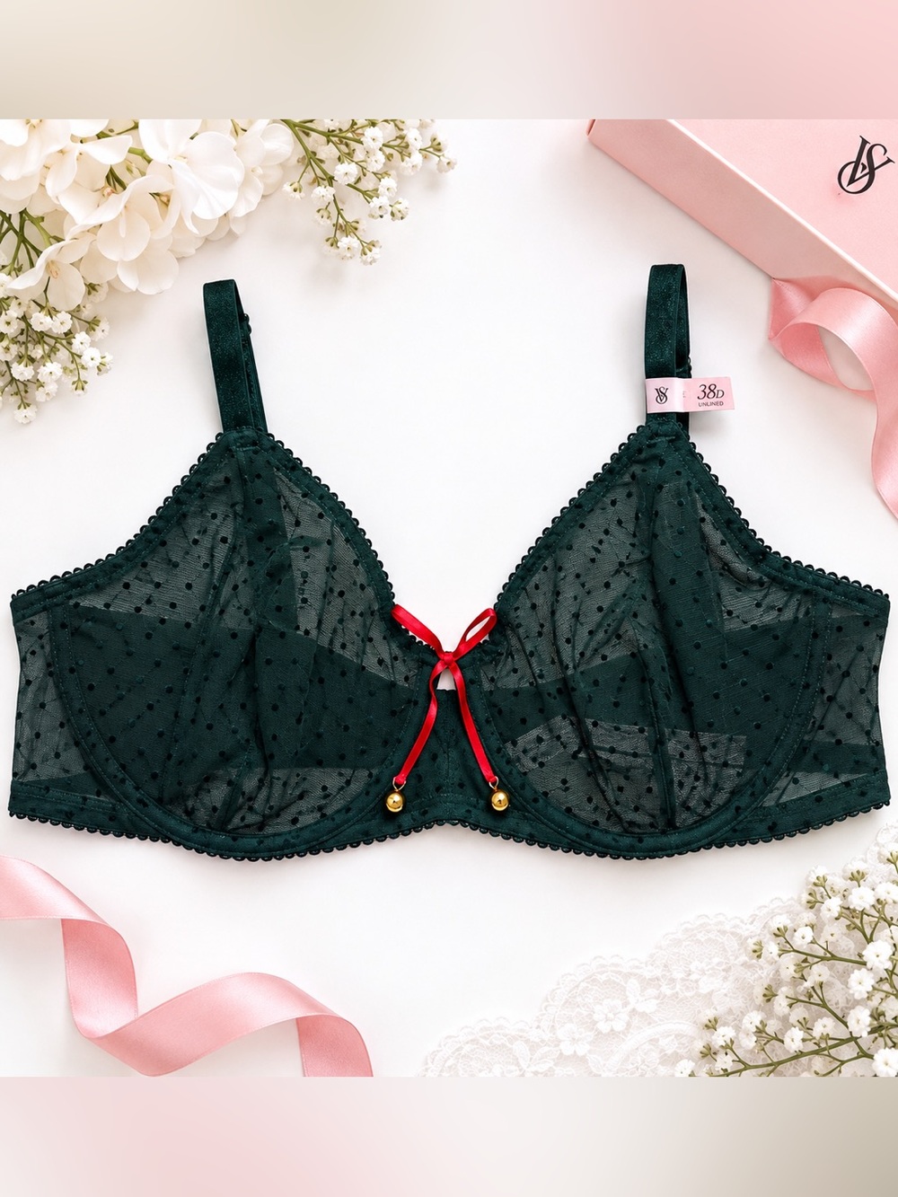 Victoria’s Secret Very Sexy Green Polka Dots Mesh Unlined Jingle Bell Bra